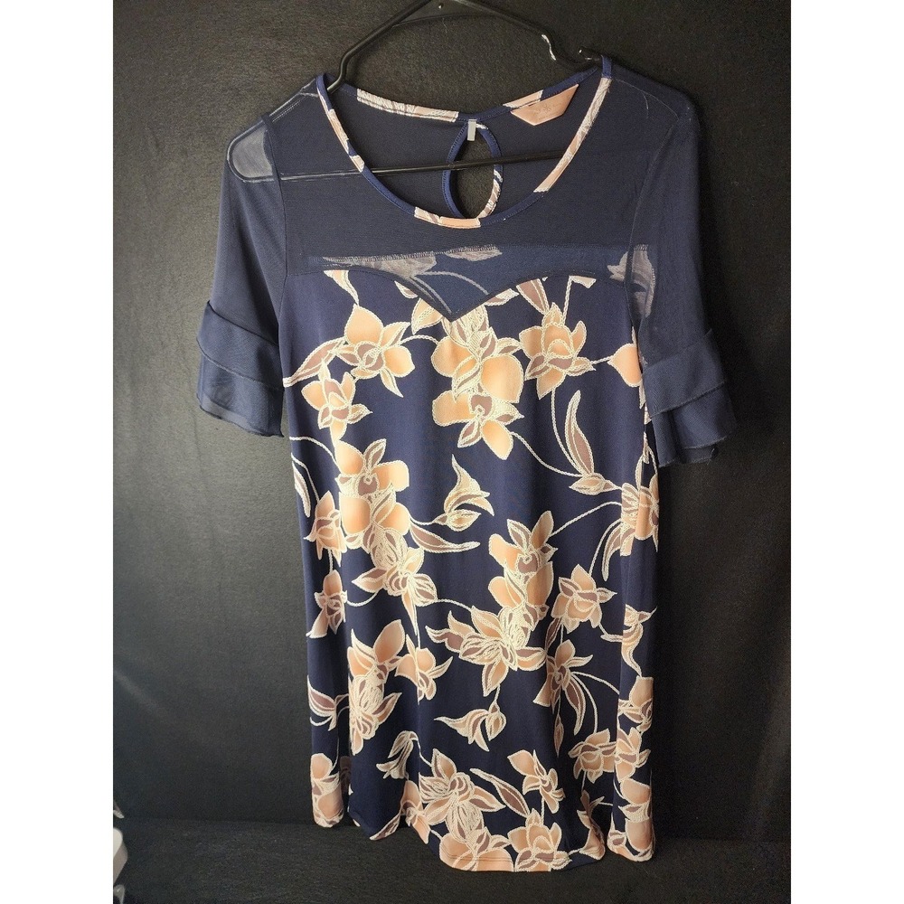 SJS Women Dress Sz Small Navy Textured Peach Floral Pattern Sheer Sleeves Bodess
